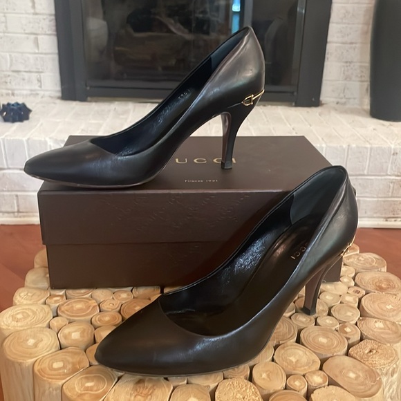 Gucci Black Leather Napa Charlotte Nero 3.5 Heel Almond Toe Horsebit Logo 39 8.5 - Picture 2 of 9